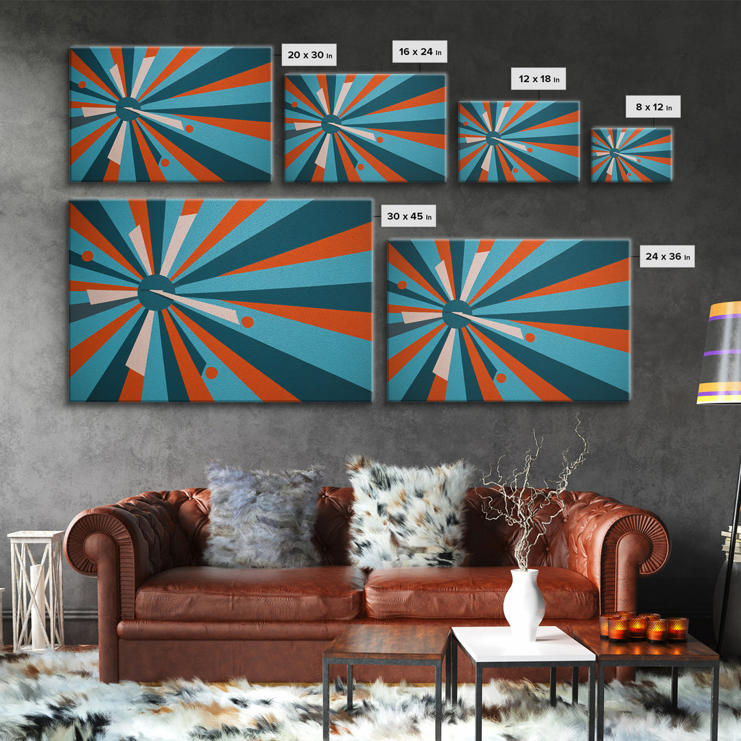 Teal Orange Atomic Burst Wall Art, Midcentury Modern Decor, Geometric Canvas Print, Retro Abstract Poster, MCM Home Decor Gift