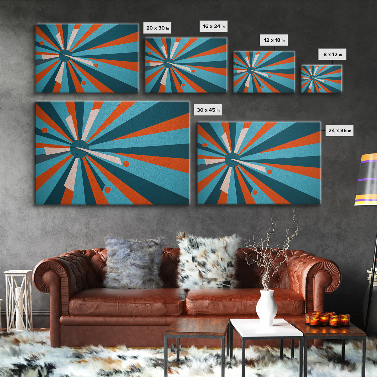 Teal Orange Atomic Burst Wall Art, Midcentury Modern Decor, Geometric Canvas Print, Retro Abstract Poster, MCM Home Decor Gift