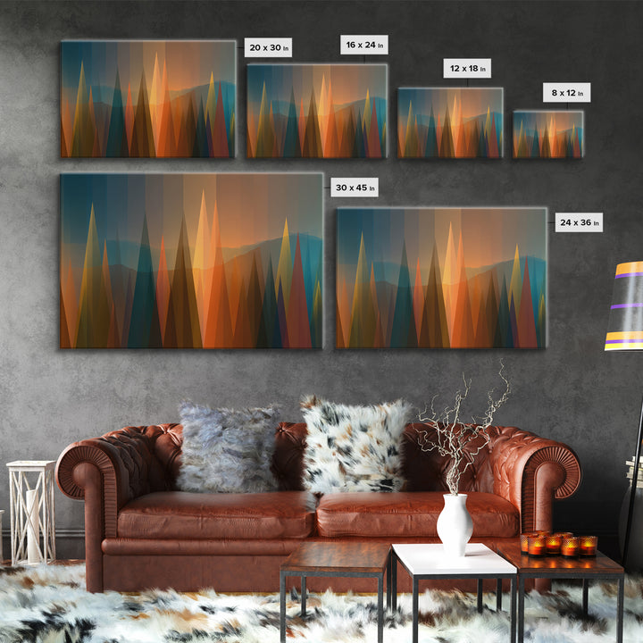 Abstract Sunset Forest Spires Wall Art, Midcentury Modern Canvas Print, Geometric Landscape, Office Decor, MCM Wall Art Print