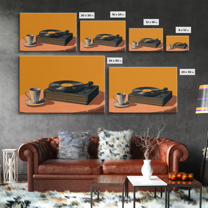 Retro Record Player With Coffee Canvas Print, Midcentury Modern Music Poster, Vinyl Turntable Wall Art, Orange Home Decor