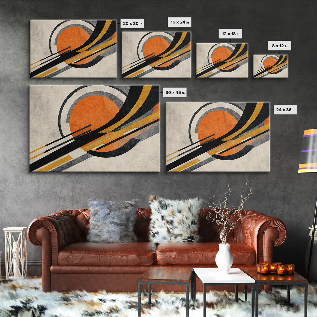 Orange Sun And Sweeping Black Arcs Wall Art, Midcentury Modern Abstract Geometric Print, Atomic Retro MCM Living Room Decor