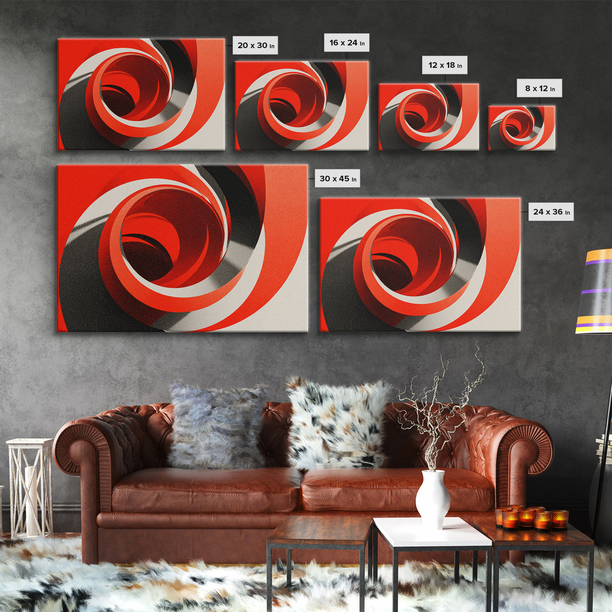 Red Spiral Vortex And Black Curves Canvas Print, Bold Modern Abstract Op Art Poster, Retro Geometric Statement Wall Decor