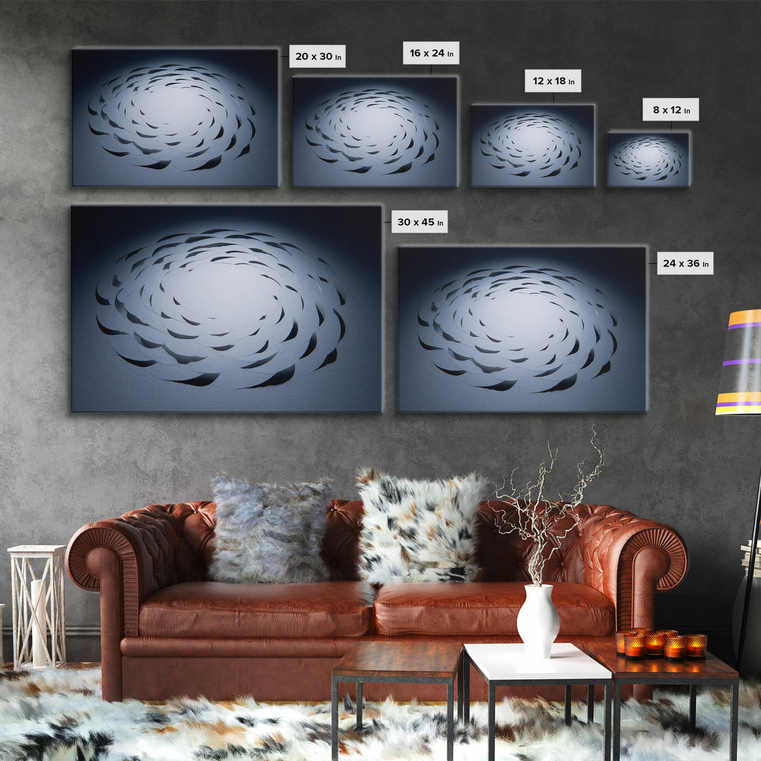 White Paper Cut Spiral Flower Canvas Print, Minimalist Modern Abstract Wall Decor, Blue Black Sculptural Textile Statement Art