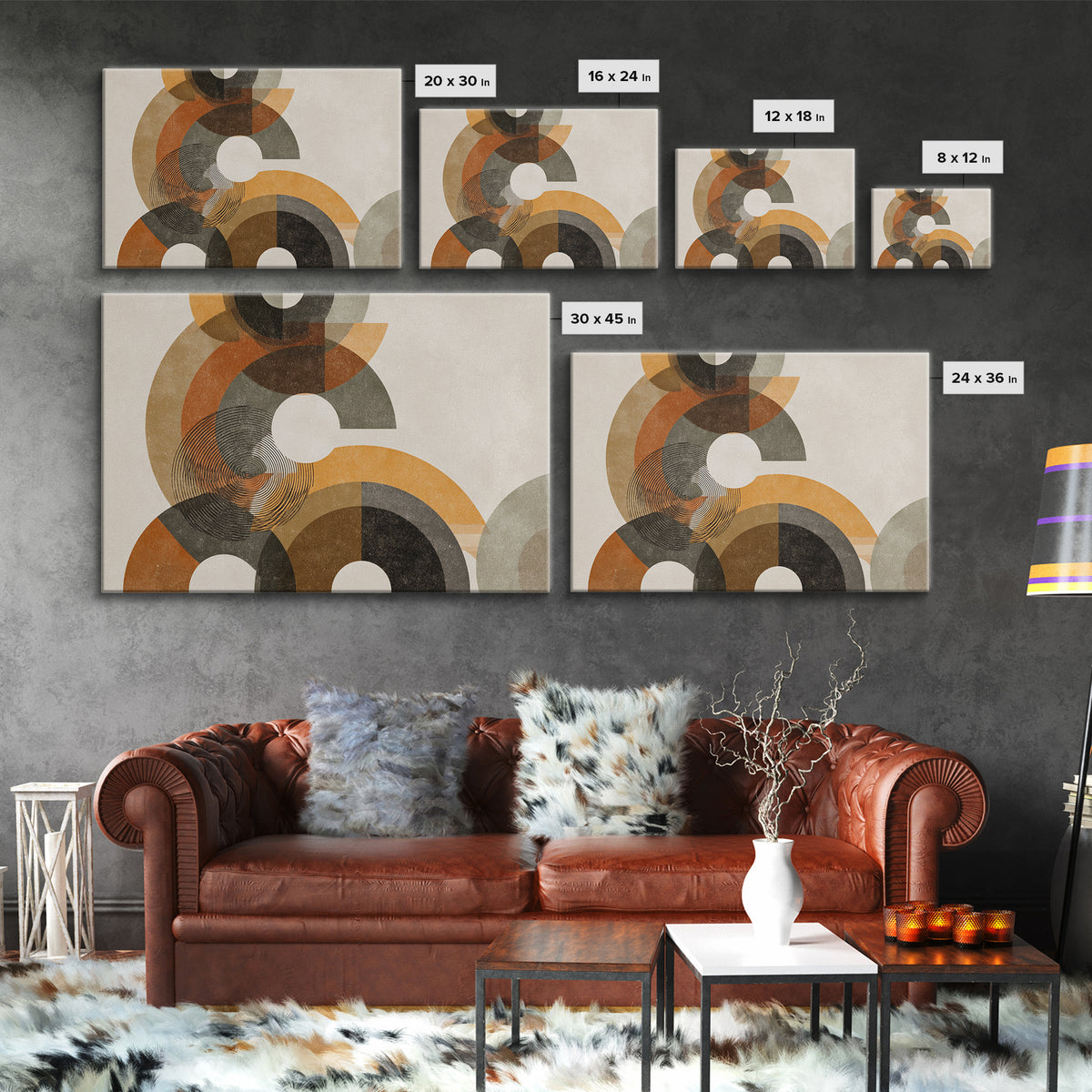 Earthy Orange Black And Beige Circles Framed Canvas Print, Midcentury Modern Abstract Geometric Wall Decor, Retro MCM Art