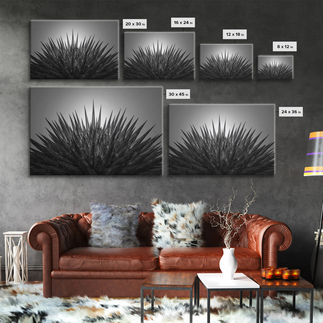 Black Spiky Radial Feather Abstract Wall Art, Monochrome Modern Nature Print, Dramatic Geometric Statement Office Decor
