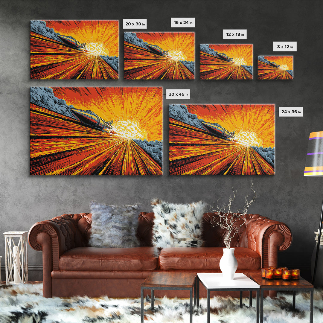 Retro Rocket Speeding Into Solar Burst Wall Art, Sci Fi Space Poster, Atomic Mid Century Modern Decor, Orange Comic Print