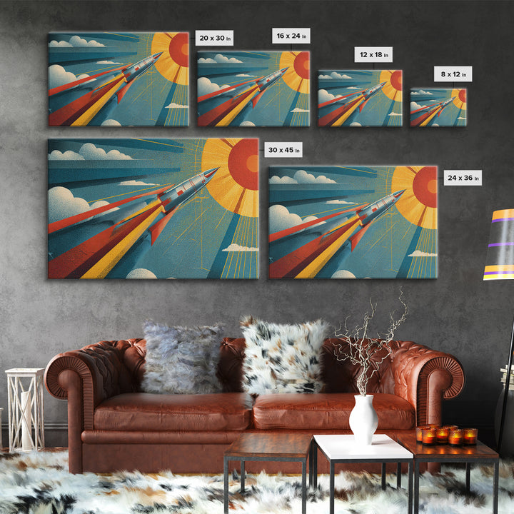 Sleek Rocket Flying Toward Sun Canvas Print, Retro Futurist Space Wall Decor, Mid Century Modern Art, Atomic Sci Fi Poster
