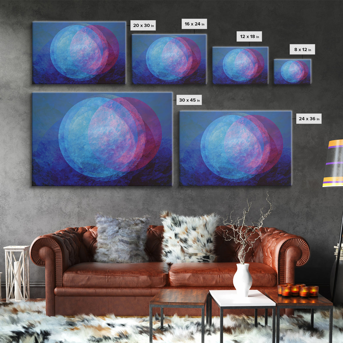 Blue Magenta Overlapping Moons Canvas Print, Abstract Space Wall Decor, Modern Geometric Art, Moody Bedroom Poster, Blue Wall Art