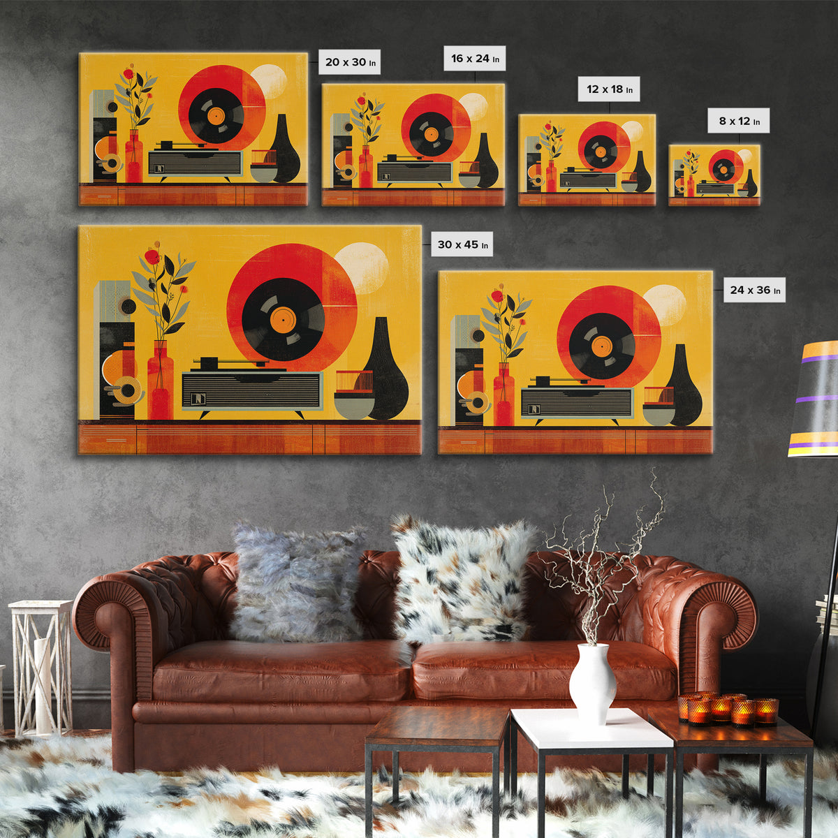 Bold Yellow Stereo And Red Vinyl, Mid Century Modern Canvas Print, Retro Music Room Wall Decor, MCM Record Player Poster