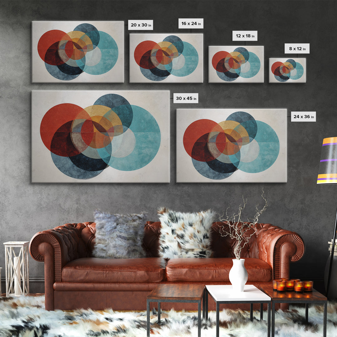 Textured Overlapping Circles Wall Art, Red Teal Mustard Abstract Print, Mid Century Modern Decor, Geometric Living Room Poster