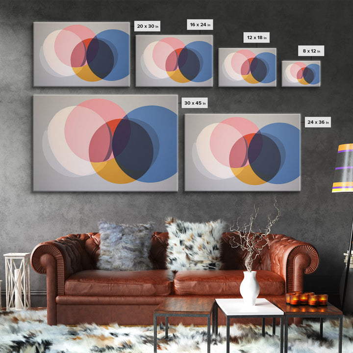 Soft Pink Cream Blue And Orange Circles Canvas Print, Midcentury Modern Geometric Abstract Wall Decor For Living Room Home Decor Poster