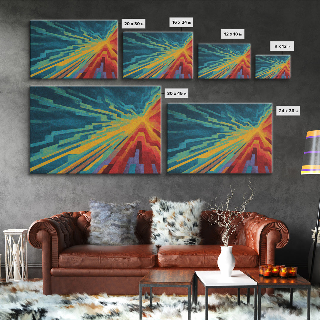 Neon Geometric Speed Lines In Teal Orange, Canvas Print, Abstract Wall Art, Modern Digital Art Poster For Gaming Room Decor