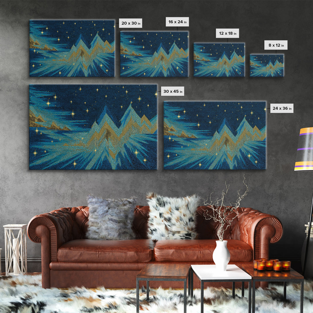 Starry Turquoise Mountains With Golden Peaks, Framed Canvas Print, Cosmic Retro Wall Art, Modern Abstract Decor For Living Room