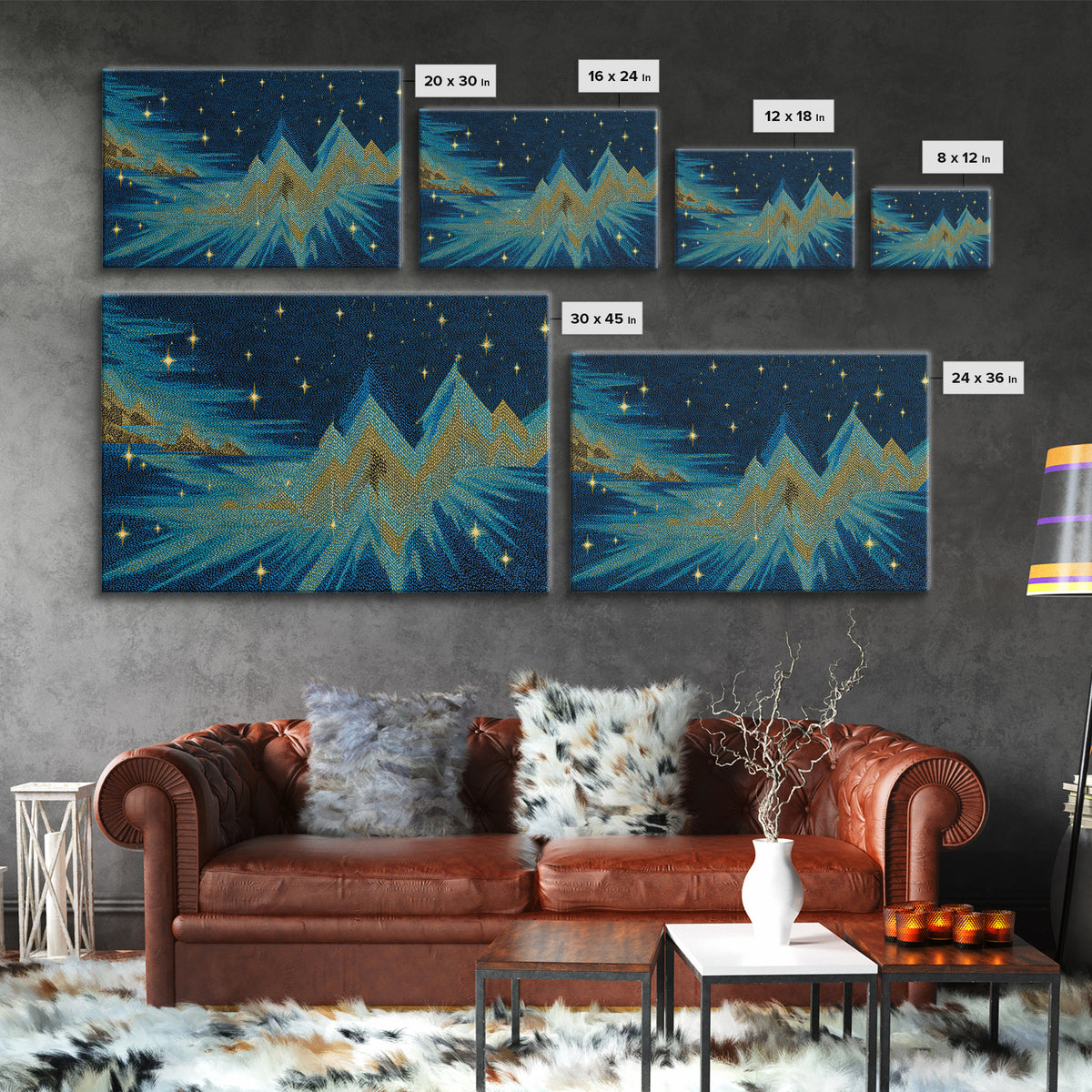 Starry Turquoise Mountains With Golden Peaks, Framed Canvas Print, Cosmic Retro Wall Art, Modern Abstract Decor For Living Room