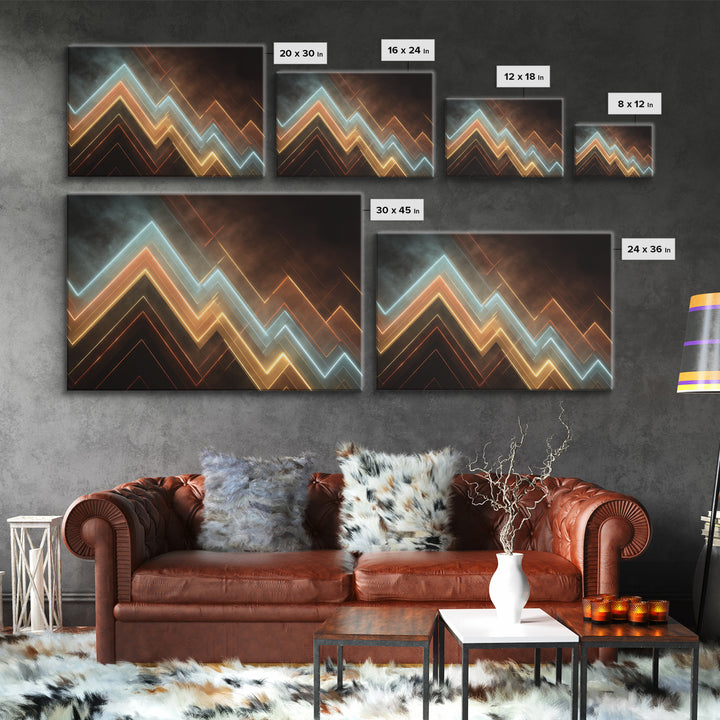 Glowing Neon Chevron Lines In Smoky Dark, Canvas Print, Geometric Wall Art, Modern Abstract Poster For Office Or Game Room