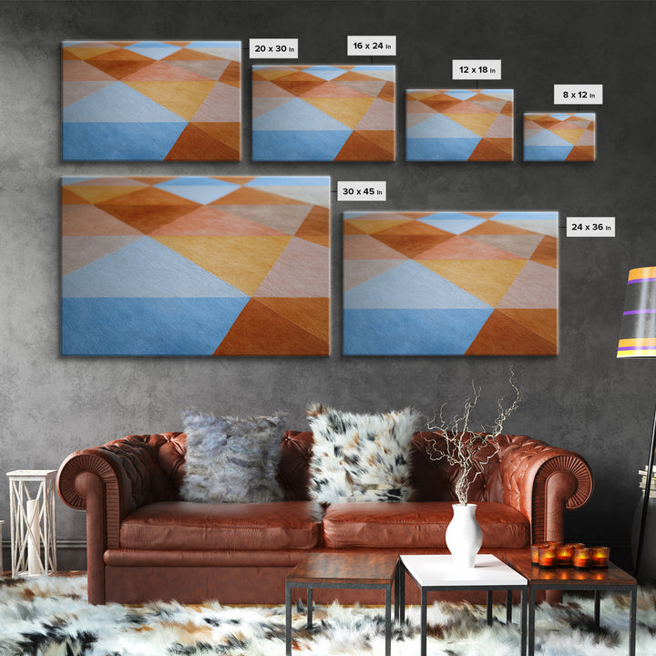 Rust Blue Ochre Triangle Pattern Wall Art, Midcentury Modern Geometric Art Print, Abstract Home Office Decor, Large Canvas Print