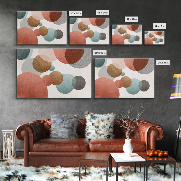 Overlapping Muted Circles In Coral Teal Brown, Canvas Print, Mid Century Modern Wall Art, Abstract Geometric Decor Poster