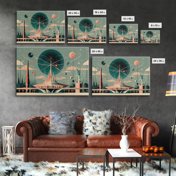 Atomic Futurist Pavilion Canvas Print, Midcentury Modern Wall Art, Retro Space Age Decor, Geometric MCM Architecture Poster