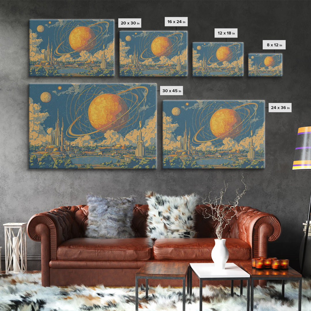 Ringed Planet Futurist City Wall Art, Midcentury Modern Sci Fi Poster, Retro Space Age Decor, Atomic Skyline Canvas Print
