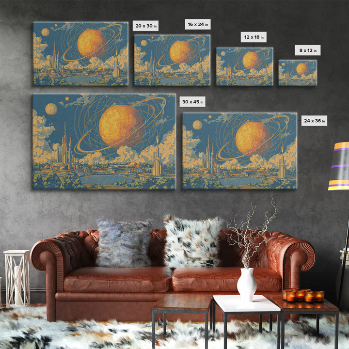 Ringed Planet Futurist City Wall Art, Midcentury Modern Sci Fi Poster, Retro Space Age Decor, Atomic Skyline Canvas Print