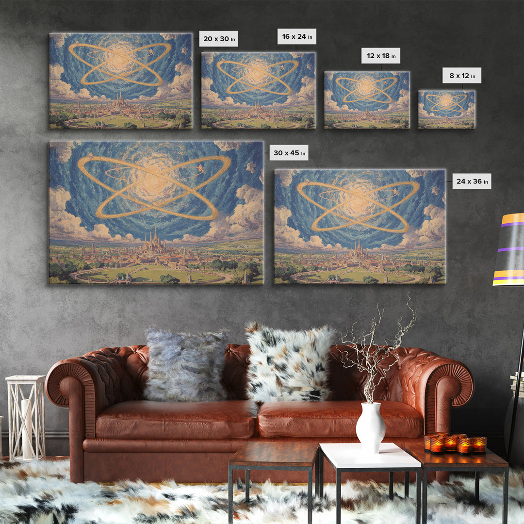 Glowing Atomic Rings Over Utopian City Wall Art, Retro Futurist Landscape Print, Midcentury Modern Sci Fi MCM Decor Poster