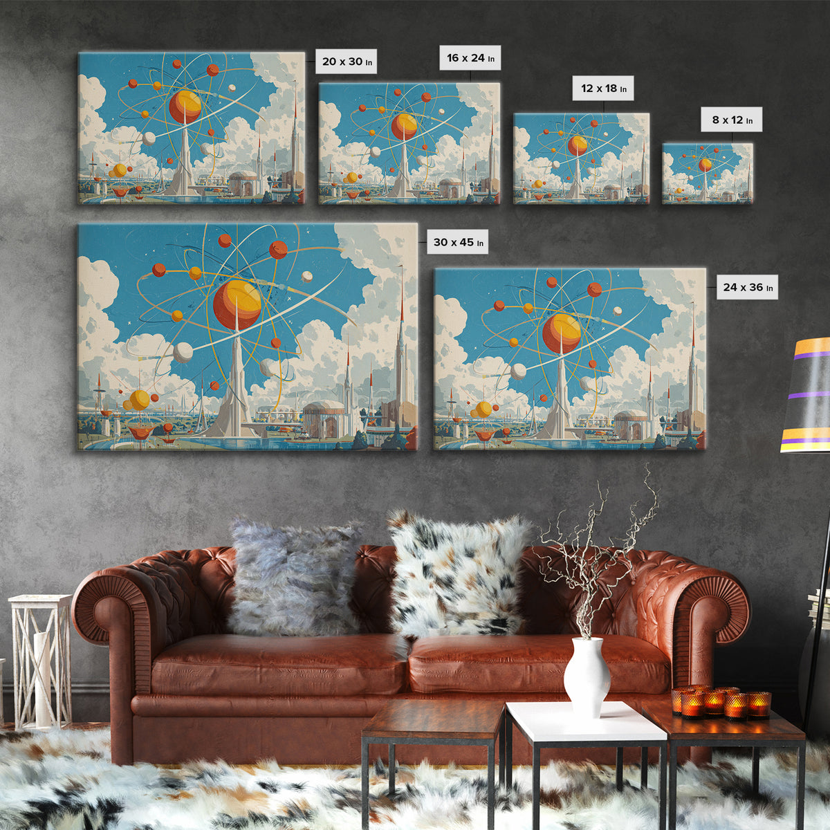 Atomic Solar System Skyline Framed Canvas Print, Midcentury Modern Sci Fi Wall Art, Retro Space Age MCM City Decor Poster