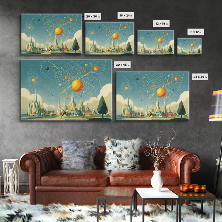 Midcentury Atomic Expo Skyline Wall Art, Retro Futurist Geometric Poster, Modern Space Age MCM Living Room Decor, Canvas Print