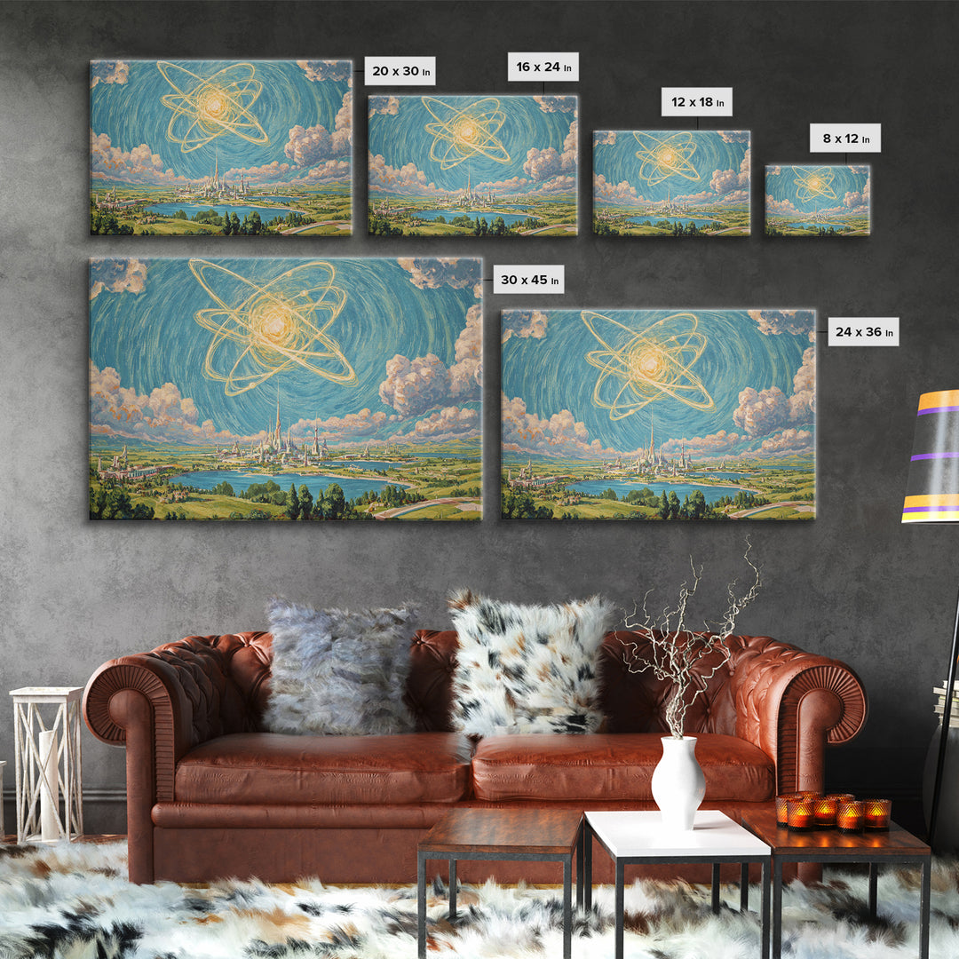 Radiant Atomic Sky Over Future City Wall Art, Midcentury Modern Sci Fi Landscape Poster, Retro Space Age MCM Decor Print