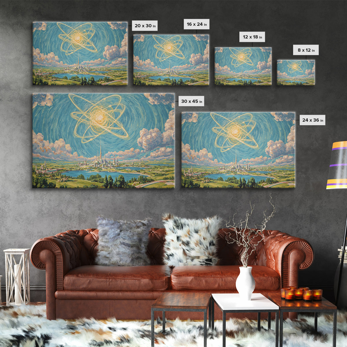 Radiant Atomic Sky Over Future City Wall Art, Midcentury Modern Sci Fi Landscape Poster, Retro Space Age MCM Decor Print