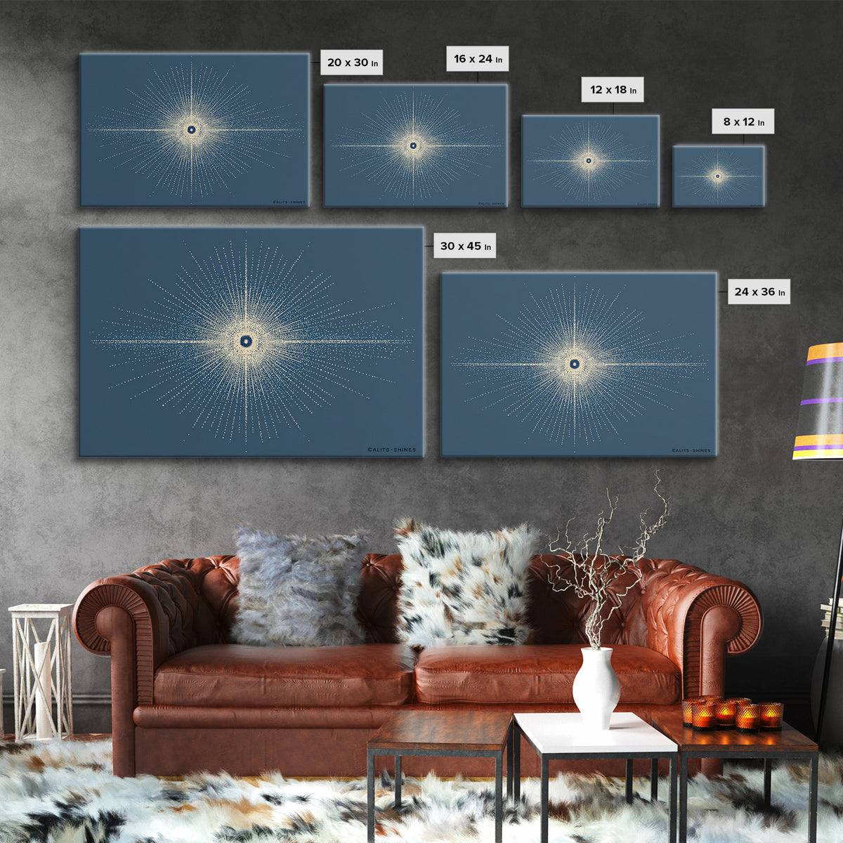 Blue Cream Dotted Atomic Starburst Wall Art, Midcentury Modern Art Print, Geometric Abstract Decor, Retro MCM Poster, Home Decor