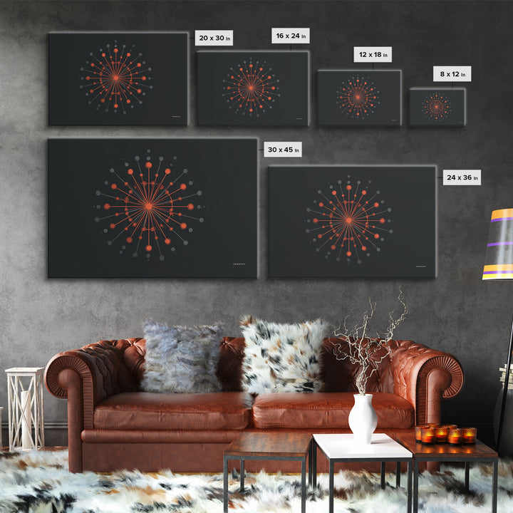 Red Orange Atomic Molecule Radial Canvas Print, Midcentury Modern Wall Art, Abstract Geometric Poster, Retro MCM Decor, Office Decor