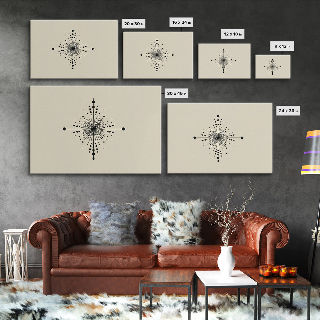 Minimal Black Dot Compass Starburst Canvas Print, Midcentury Modern Wall Art, Geometric Abstract Poster, Neutral MCM Decor