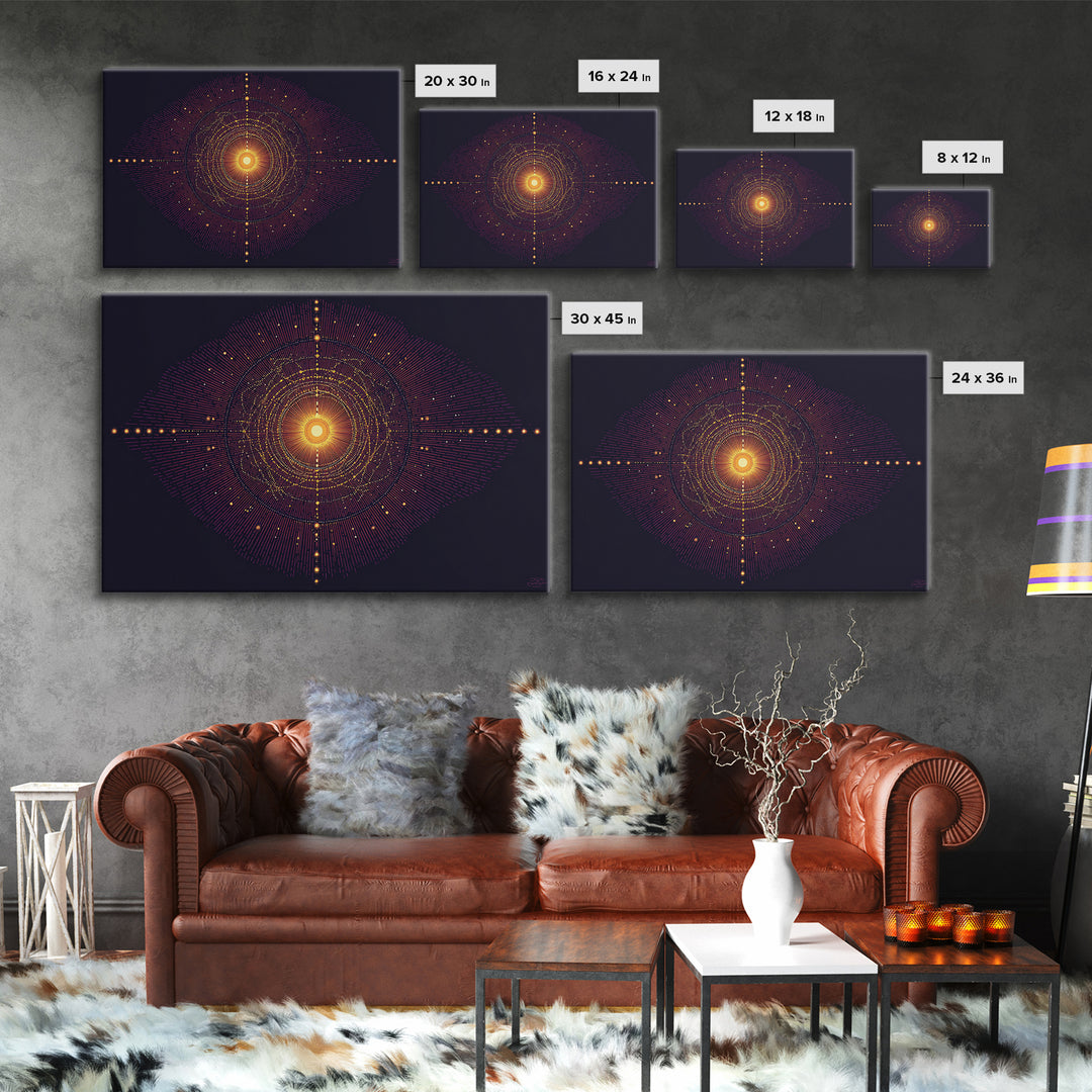 Glowing Orange Cosmic Mandala Wall Art, Midcentury Modern Abstract Art Print, Space Geometric Retro Decor, Large MCM Poster