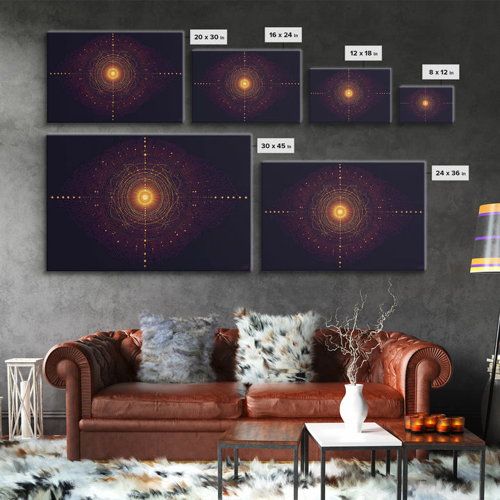 Glowing Orange Cosmic Mandala Wall Art, Midcentury Modern Abstract Art Print, Space Geometric Retro Decor, Large MCM Poster