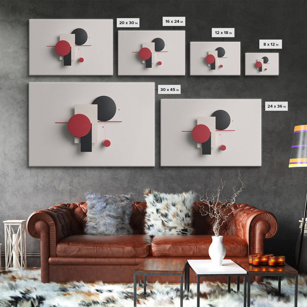 Red Black White Dimensional Shapes Framed Canvas Print, Midcentury Modern Wall Art, Geometric Abstract MCM Decor, Bold Poster