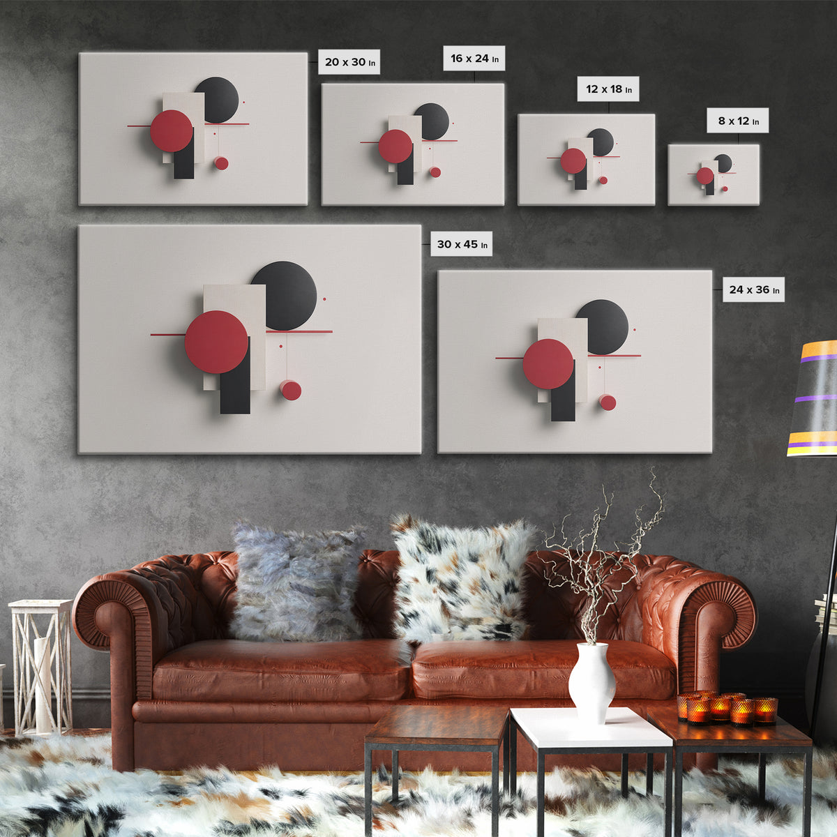 Red Black White Dimensional Shapes Framed Canvas Print, Midcentury Modern Wall Art, Geometric Abstract MCM Decor, Bold Poster
