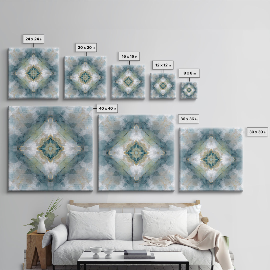 Mandala with Soft Gold and Indigo Symmetry Framed Canvas Print, Meditation Art, Zen Wall Art, Living Room Decor, Stillness, MED-1x1-2