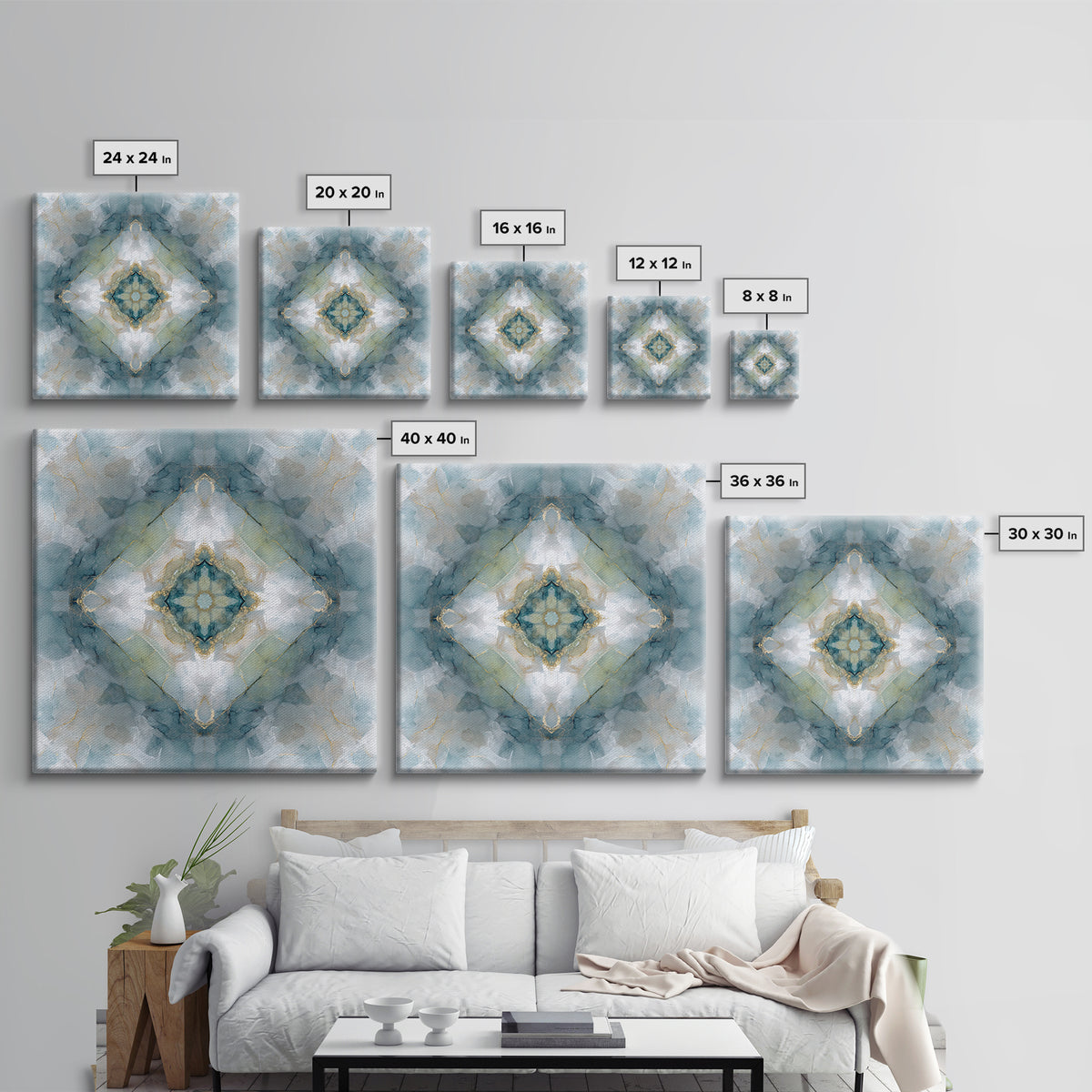 Mandala with Soft Gold and Indigo Symmetry Framed Canvas Print, Meditation Art, Zen Wall Art, Living Room Decor, Stillness, MED-1x1-2