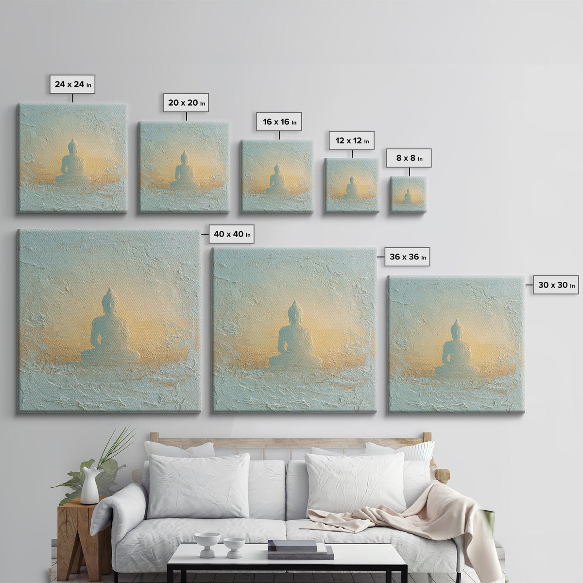Buddha Silhouette Surrounded by Warm Light Canvas Print, Meditation Art, Neutral Wall Art, Living Room Decor, Stillness, MED-1x1-31