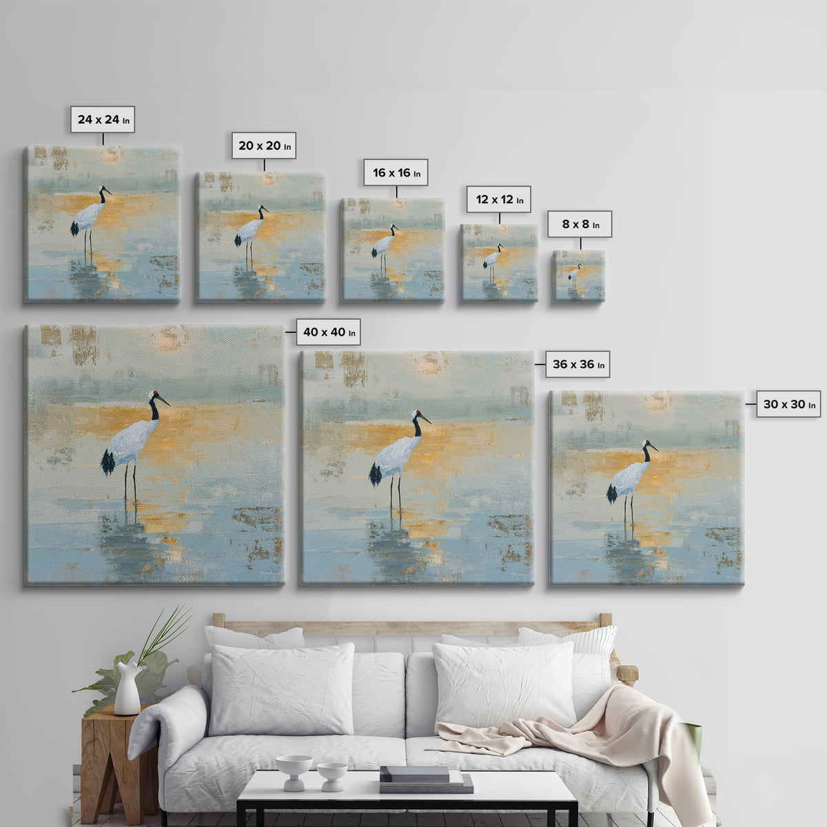 White Crane in Quiet Morning Mist Framed Canvas Print, Meditation Art, Art Print, Living Room Decor, Fine Art, Stillness, MED-1x1-40