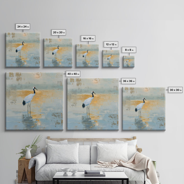 White Crane in Quiet Morning Mist Framed Canvas Print, Meditation Art, Art Print, Living Room Decor, Fine Art, Stillness, MED-1x1-40
