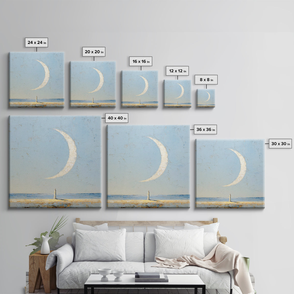 Single Seated Figure Beneath a Crescent Moon Canvas Print, Meditation Art, Statement Artwork, Living Room Decor, Stillness, MED-1x1-75