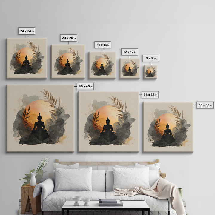 Buddha Silhouette Surrounded by Warm Light Framed Canvas Print, Meditation Art, Boho Decor, Living Room Decor, Oil Painting, MED-1x1-79
