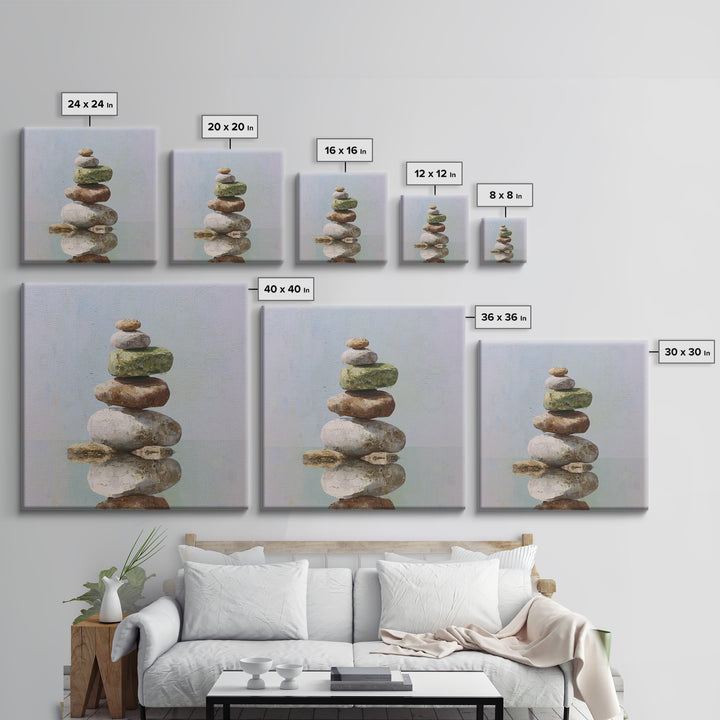 Floating Stones Balanced Above Calm Water Framed Canvas Print, Meditation Art, Digital Print, Living Room Decor, Stillness, MED-1x1-8