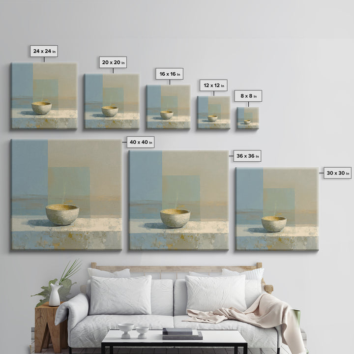 Tea Bowl and Steam Framed Canvas Print, Meditation Art, Wall Art, Living Room Decor, Oil Painting, Stillness, Boho Wall Decor, MED-1x1-93