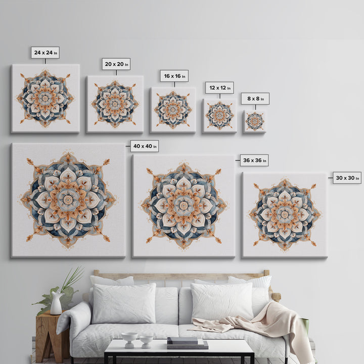 Mandala with Soft Gold and Indigo Symmetry Canvas Print, Meditation Art, Room Decor, Living Room Decor, Fine Art, Stillness, MED-1x1-98