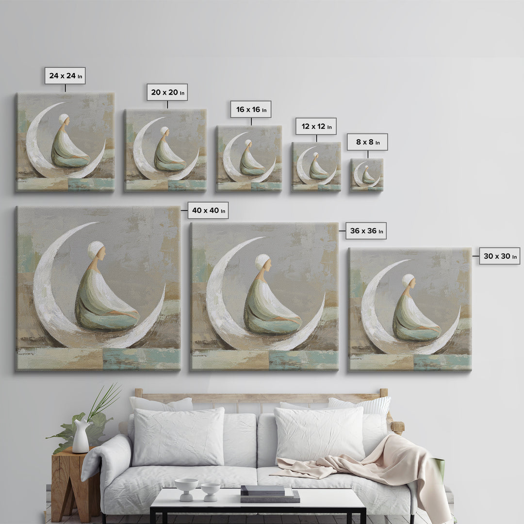 Single Seated Figure Beneath a Crescent Moon Canvas Print, Meditation Art, Digital Wall Art, Living Room Decor, Stillness, MED-1x1-99