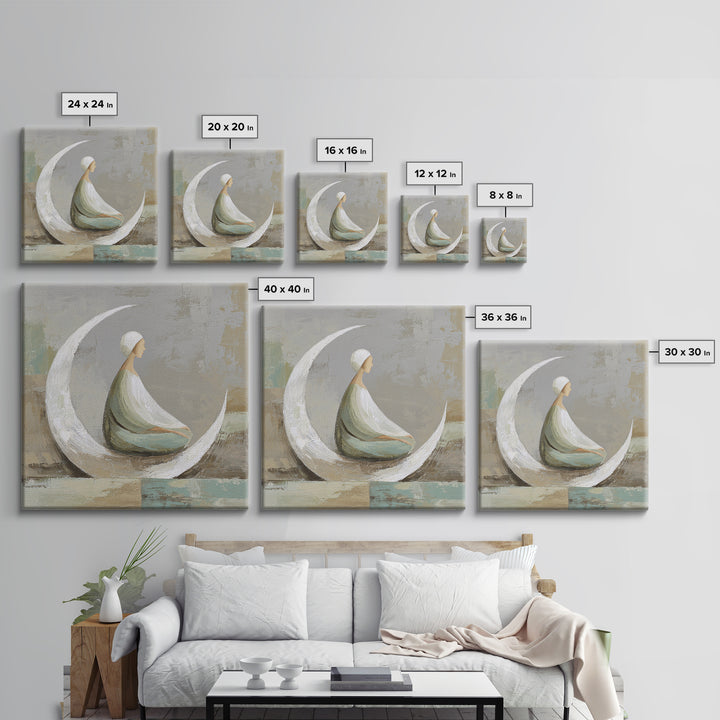 Single Seated Figure Beneath a Crescent Moon Canvas Print, Meditation Art, Digital Wall Art, Living Room Decor, Stillness, MED-1x1-99