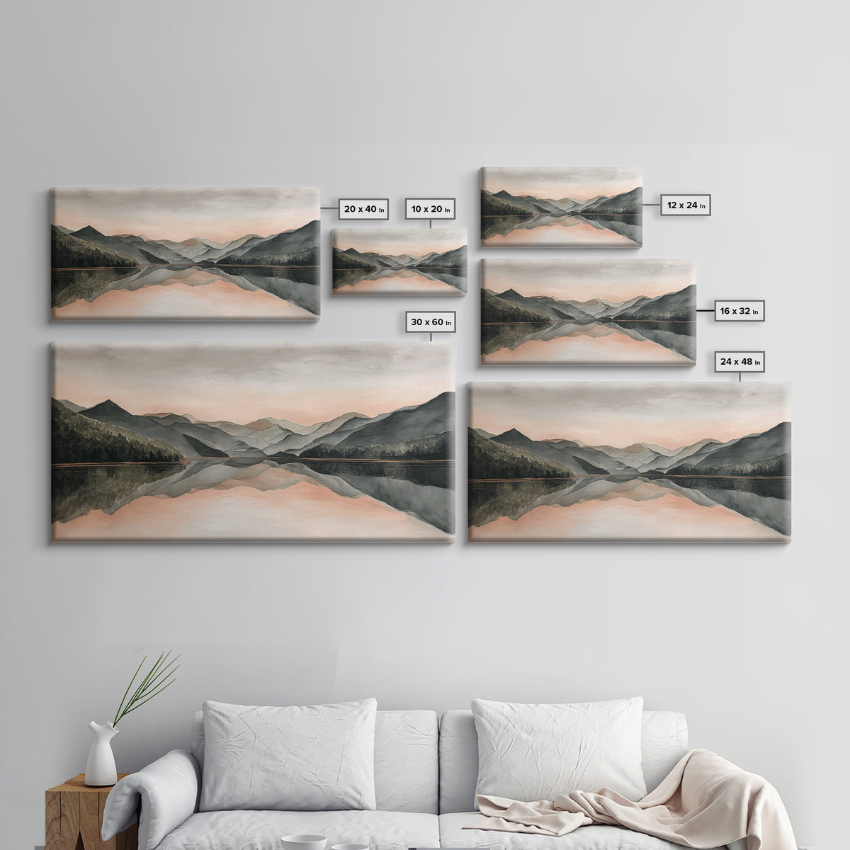 Mountain Lake at Sunrise Framed Canvas Print, Meditation Art, Digital Print, Living Room Decor, Oil Painting, Stillness, MED-2x1-1