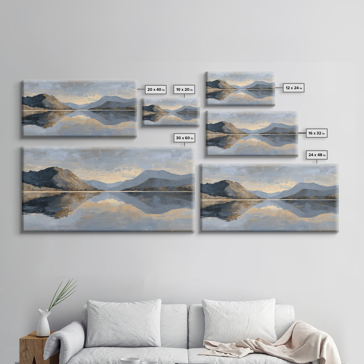 Mountain Lake at Sunrise Framed Canvas Print, Meditation Art, Digital Print, Living Room Decor, Oil Painting, Stillness, MED-2x1-25